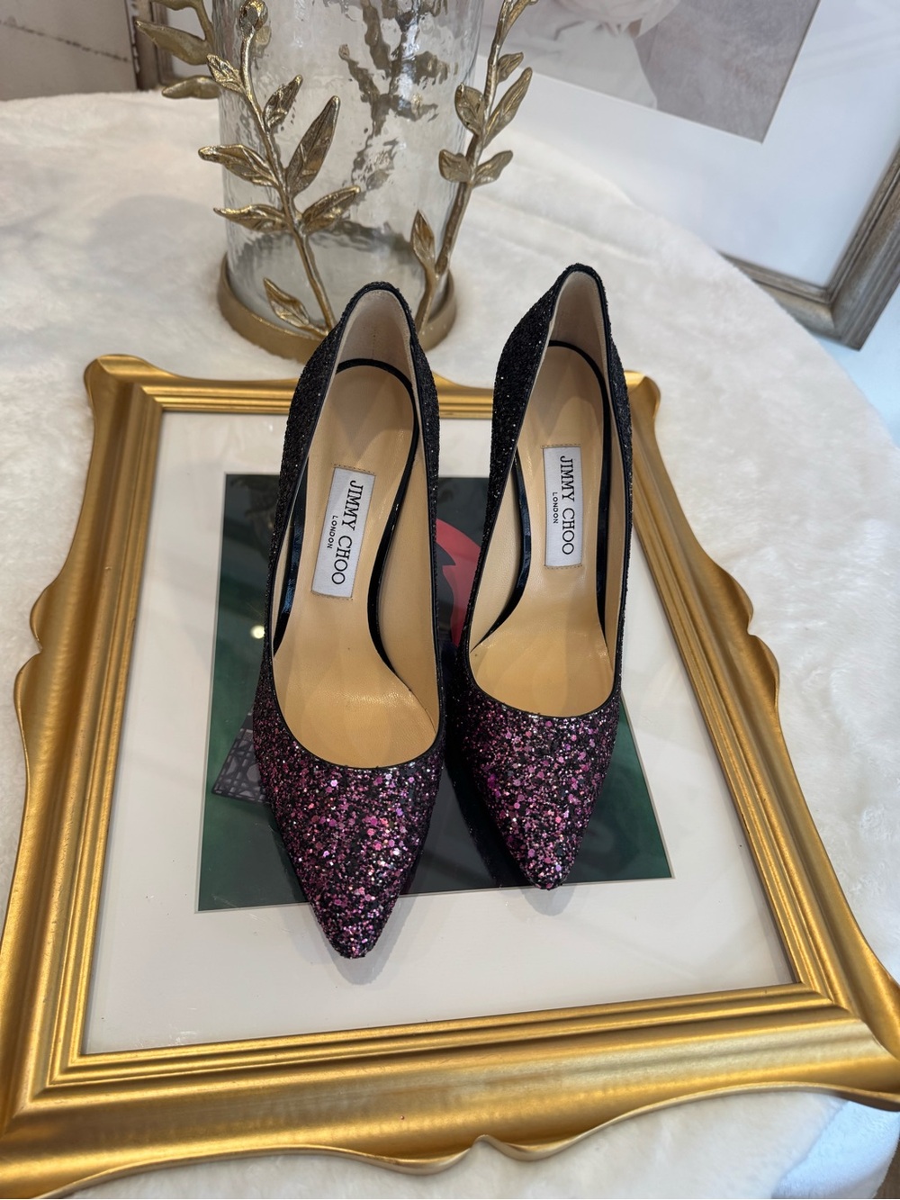 Jimmy Choo Black and Pink Glitter Pointed Pumps